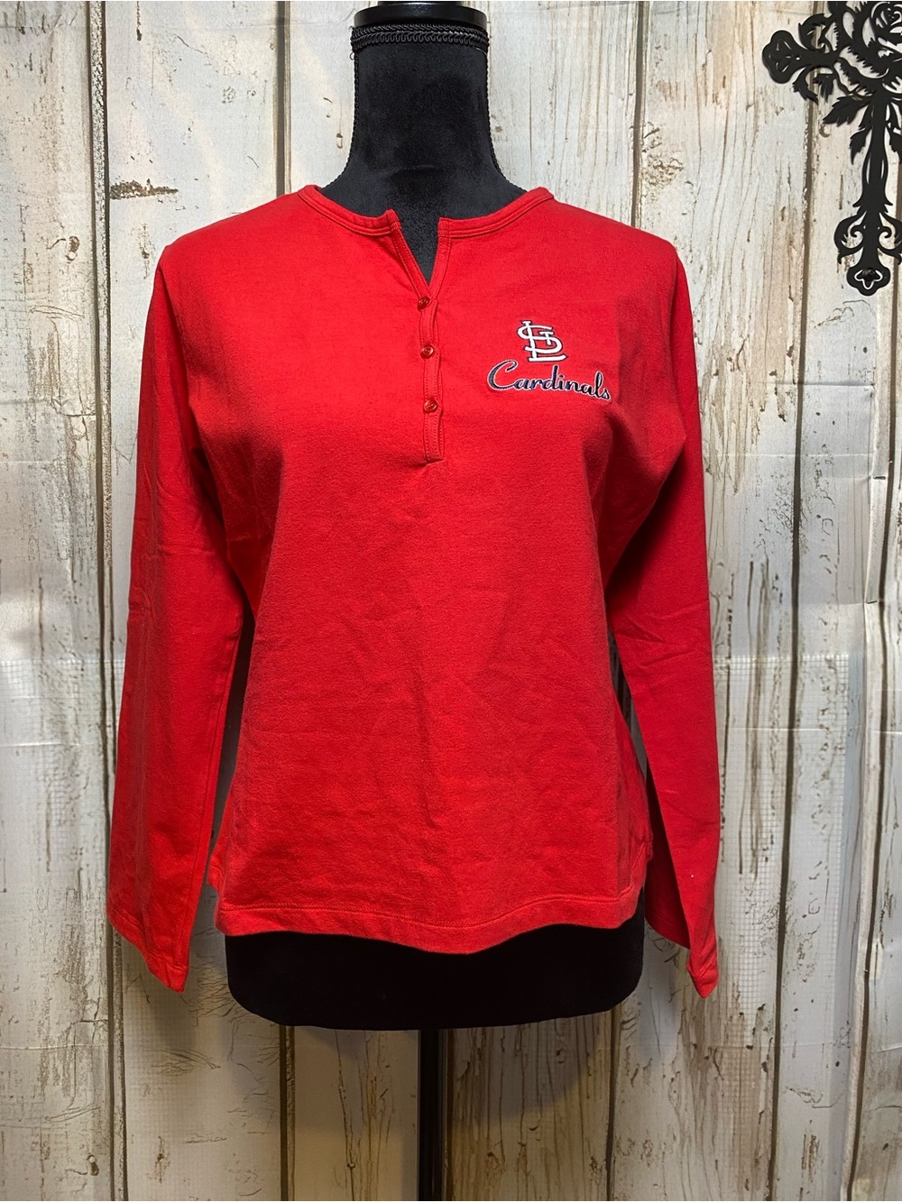 Cardinals Embroidered Red Long-Sleeve Henley Top Sz-XL